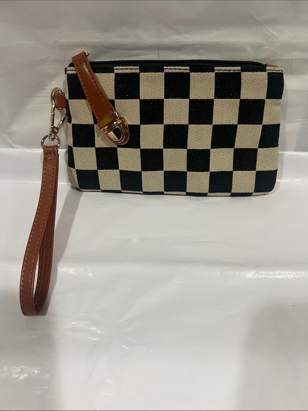 Black & Cream Check Canvas Wristlet with Brown Strap